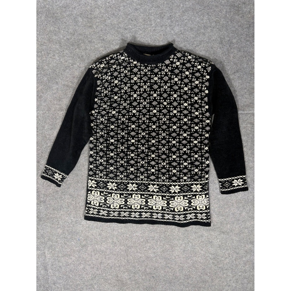 Erika‎ Classics Womens M Black White Snowflake Geometric Knit Mock Neck Sweater